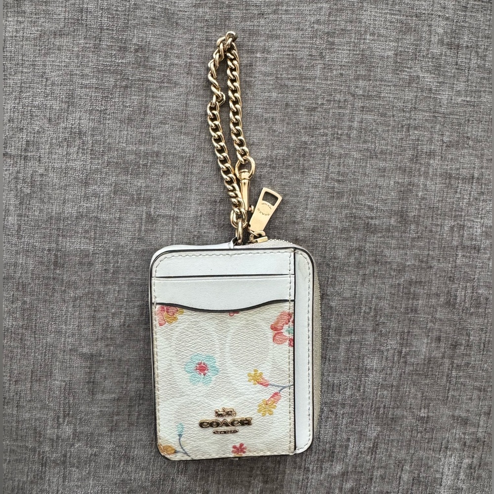 Coach White Floral Card Holder with Gold Chain